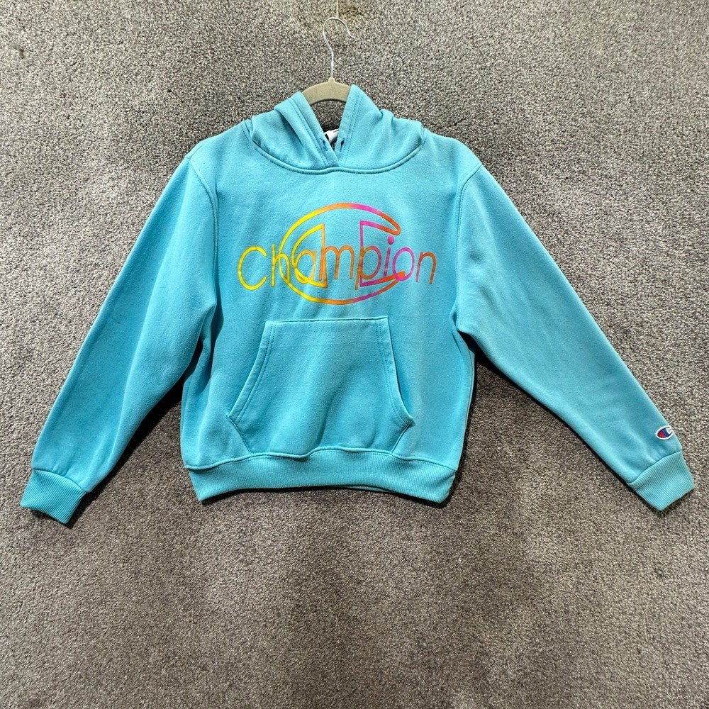 Champion Hoodie Pullover Sweatshirt Women Size M Medium Blue‎ Rainbow Logo
